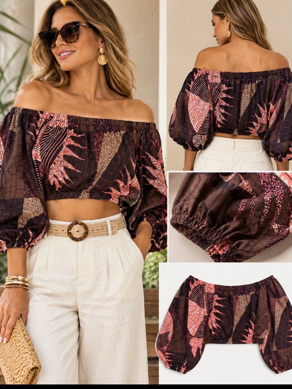 ÖFUURË OFUURE L/XL African Print Off Shoulder Puff Sleeve Crop Top NWOT